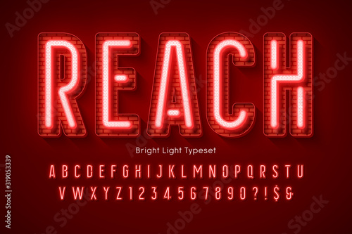 Neon light 3d alphabet, extra glowing modern type.