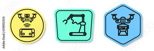 Set line Remote aerial drone, Industrial machine robotic robot arm hand factory and Drone delivery concept. Colored shapes. Vector
