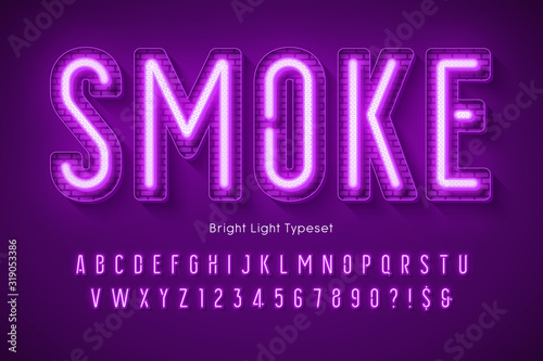 Neon light 3d alphabet, extra glowing modern type.