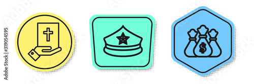 Set line Oath on the Holy Bible, Police cap with cockade and Money bag. Colored shapes. Vector