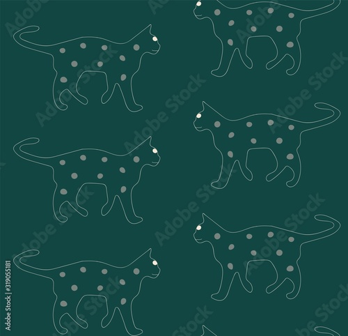 emerald weird and unusual hand drawn cat seamless vector pattern