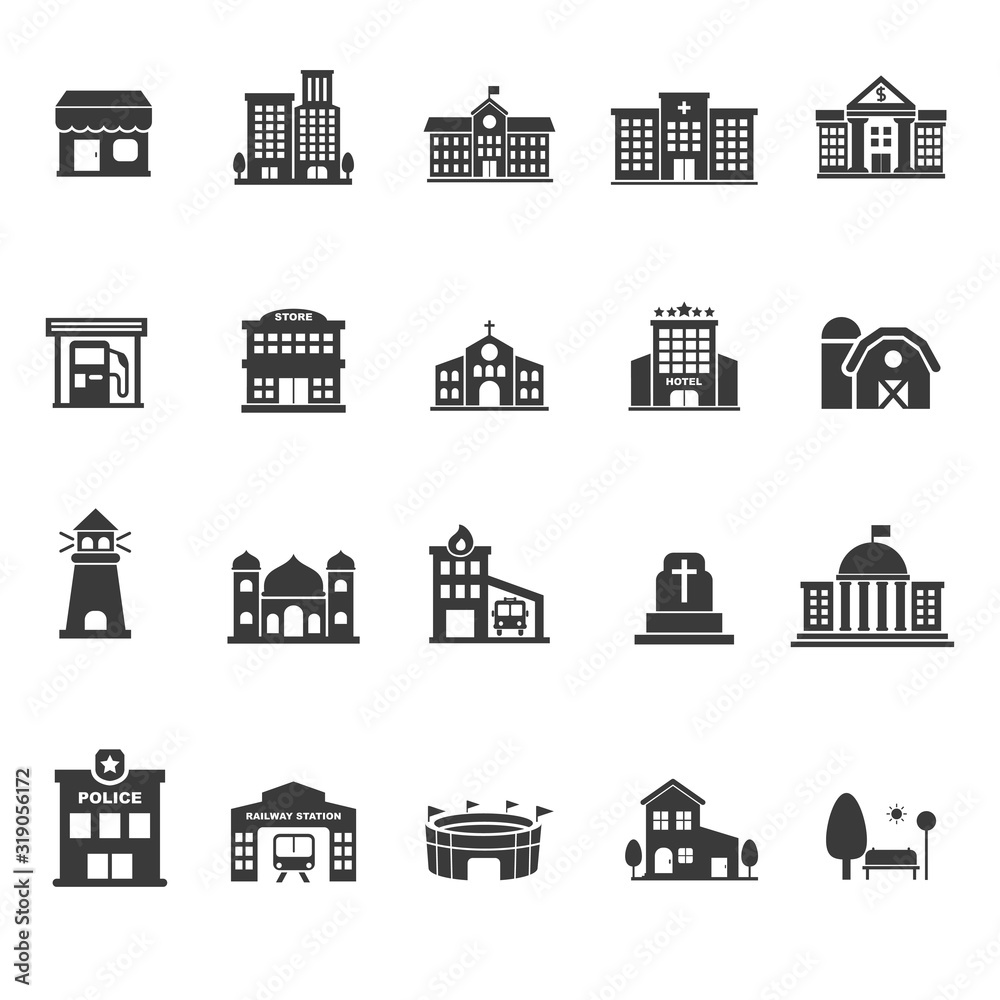 Set of town architecture and buildings icons in glyph style design isolated on white background 