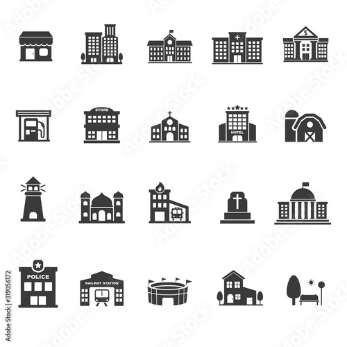 Set of town architecture and buildings icons in glyph style design isolated on white background 