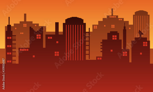 Illustration of a city with a twilight feel with a tall building