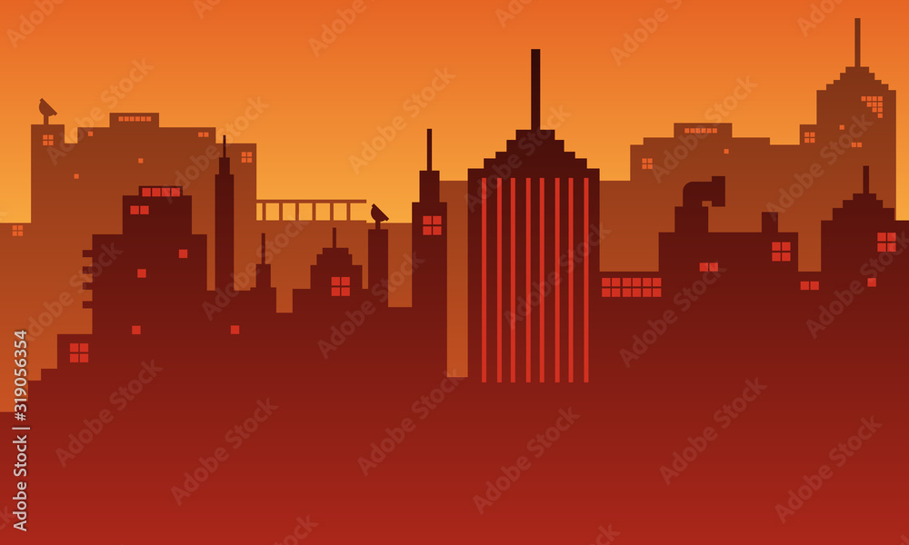 Illustration of the city at dusk with building tall