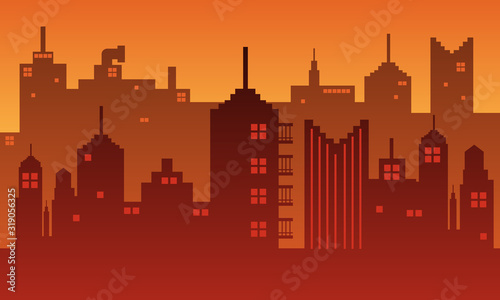 Illustration of city silhouette with tall buildings at dusk
