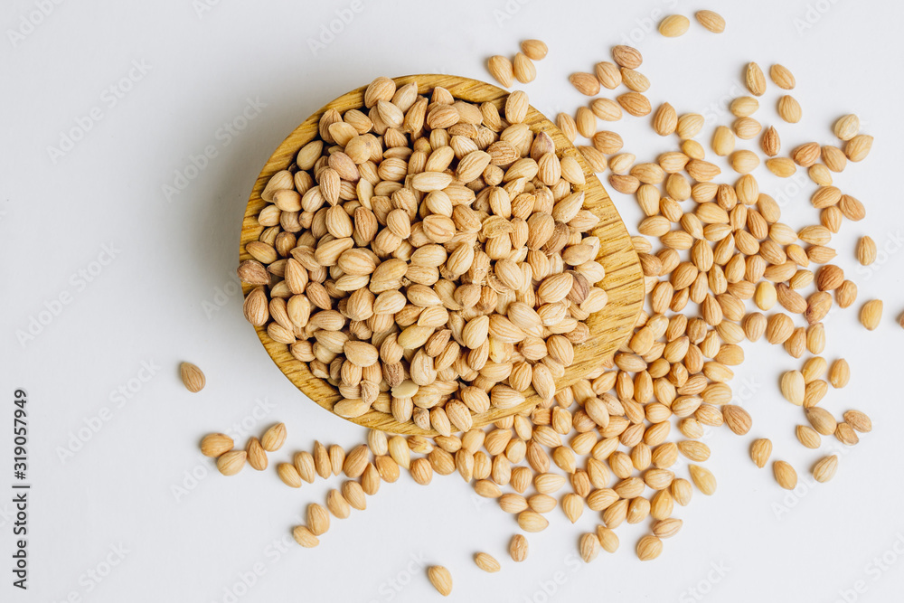 Mahlab seeds on white background. Aromatic spice made from the seeds of a species of cherry, used in small quantities to sharpen sweet foods. Used in Greek, Turkish, Middle East cuisine. Mahlab seeds on white background. Aromatic spice made from the seeds of a species of cherry, used in small quantities to sharpen sweet foods. Used in Greek, Turkish, Middle East cuisine.