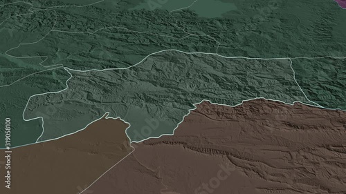 Sirnak, province with its capital, zoomed and extruded on the administrative map of Turkey in the conformal Stereographic projection. Animation 3D photo