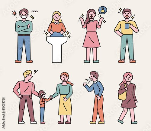 Characters that tell the manual to prevent virus infection. The risk of going out in the cold virus period. flat design style minimal vector illustration.