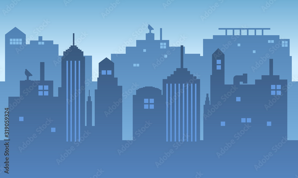 Urban silhouette background with bright blue sky