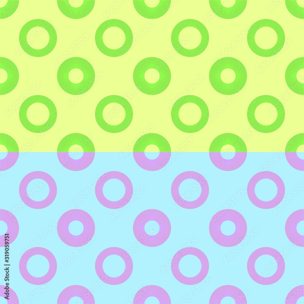 Two seamless bright colored polka dot and striped cirkel patterns useful for textile, fabric, wrapping paper, wallpaper, fashion. Original design, vector eps 10