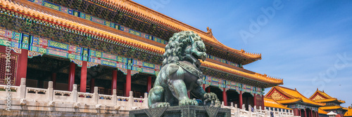 China travel banner Beijing city famous destination panorama landscape with building and lion statue.
