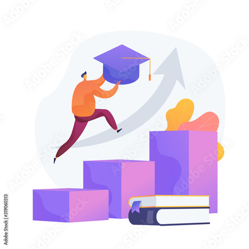 University graduation. Achievement, higher education, academic degree. Successful student jumping, holding mortarboard. Personal development. Vector isolated concept metaphor illustration.
