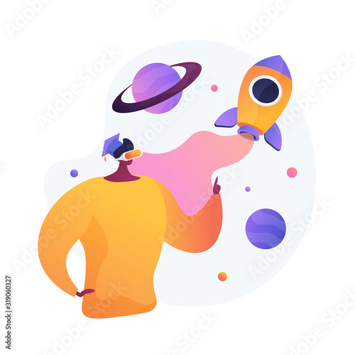 Virtual reality space exploration. Innovative education technology, modern entertainment, immersive experience. Man in VR headset observing cosmos. Vector isolated concept metaphor illustration