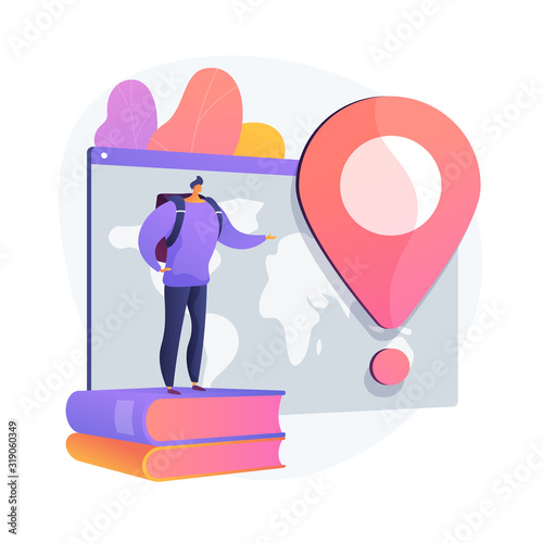 Man on holiday adventure. International tourism, worldwide sightseeing tour, student exchange program. Tourist with backpack traveling abroad. Vector isolated concept metaphor illustration