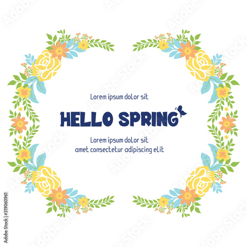 Elegant frame with unique leaves and yellow flower for hello spring greeting card template design. Vector