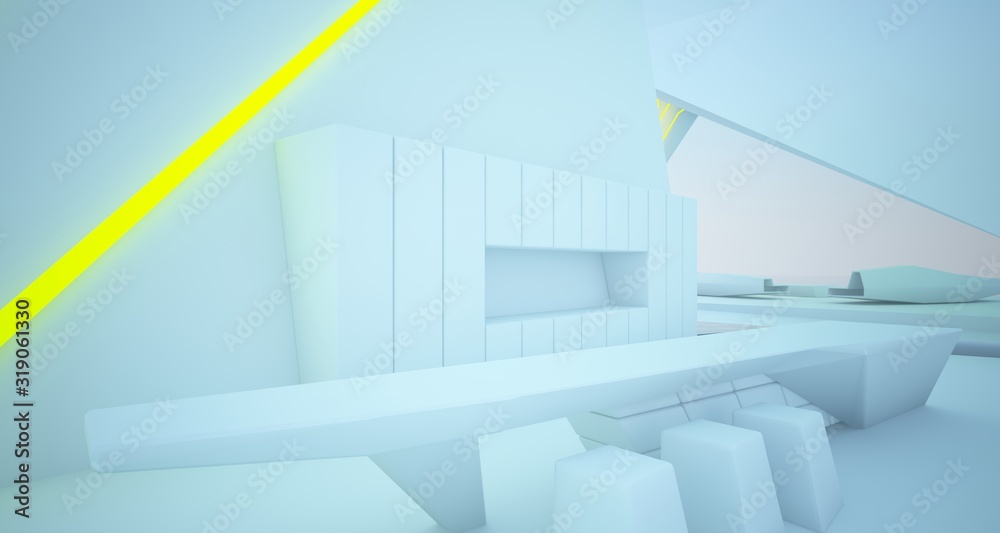 Fototapeta premium Abstract architectural white interior of a modern villa on the sea with colored neon lighting. 3D illustration and rendering.