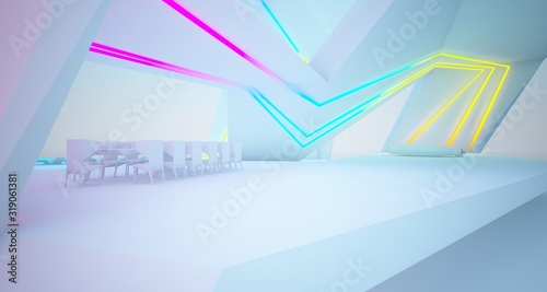 Abstract architectural white interior of a modern villa on the sea with colored neon lighting. 3D illustration and rendering.