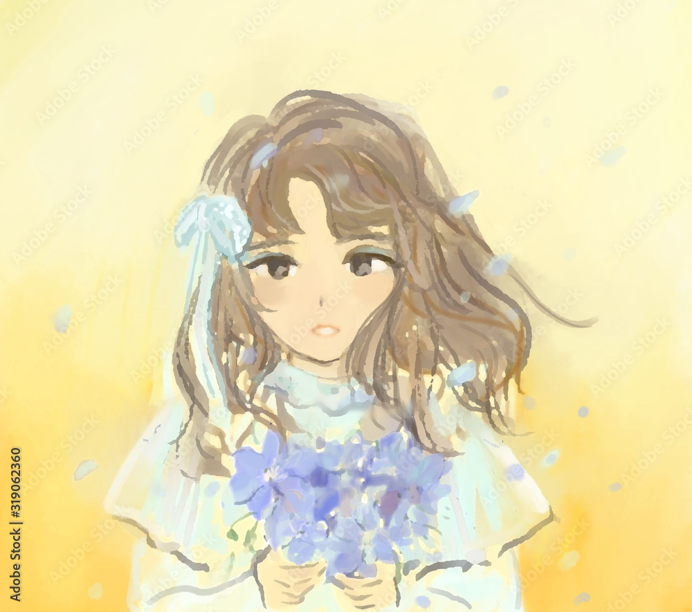 青い花を持った少女
