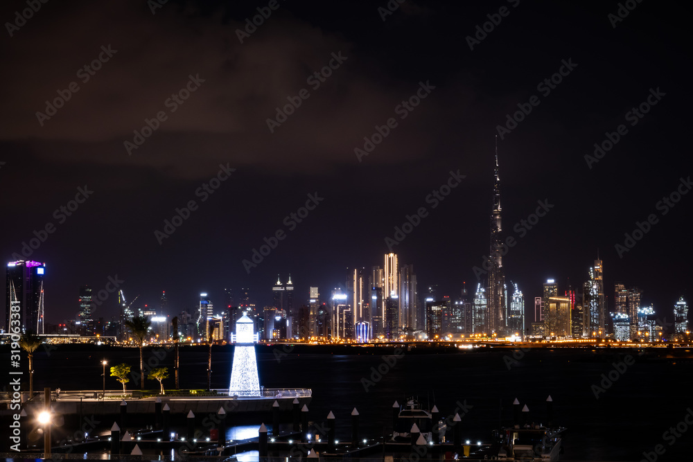 Dubai city at night with Burj Khalifa as the highest building