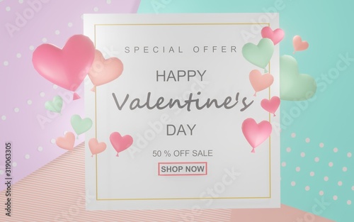 Valentines day background with balloons heart pattern.3d rendering