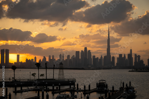 Silhouette of Dubai Skyscrapers during sunset