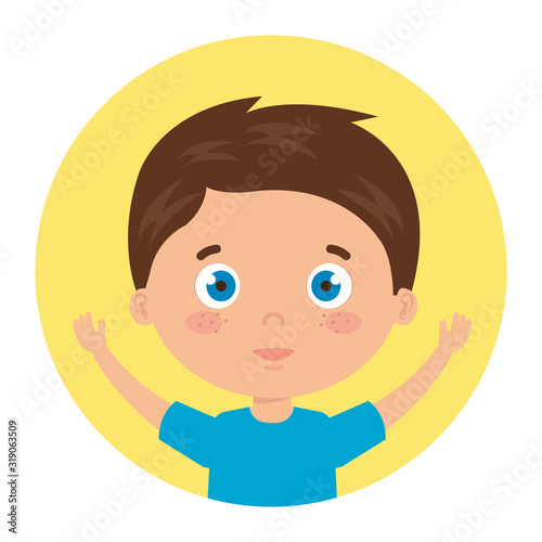 cute little boy with hands up in frame circular