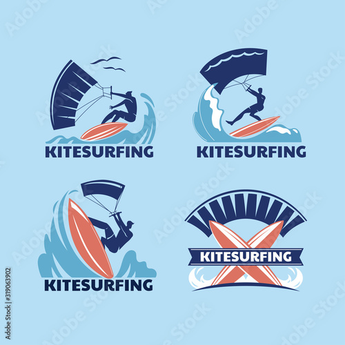 Set of Extreme Sport Kitesurfing or Kite Boarding Vector Illustration