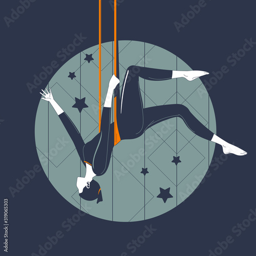 The girl hangs on the trapeze upside down. Vintage vector illustration