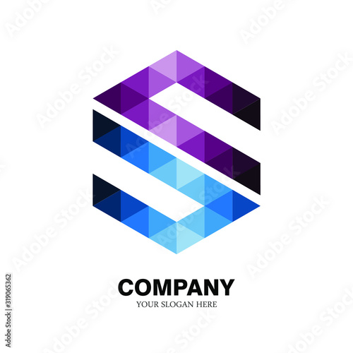 the letter logo S, with the hexagon shape of a collection of triangles. modern template. purple and blue texture. isolated white. S logo technology for companies, digital graphics and graphics