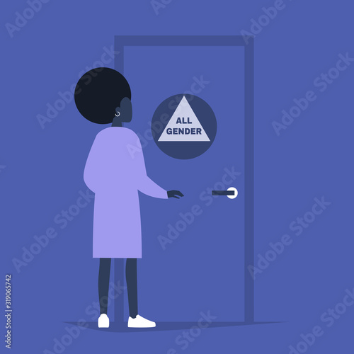 Gender neutral public restroom, young black female character opening the door