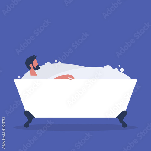 Young male character washing in a bathtub full of soap foam, relaxation and body treatment