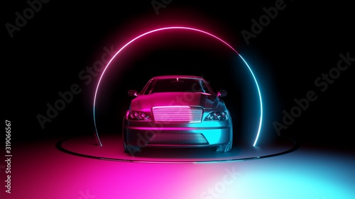 Car with neon light circle frames © cherezoff