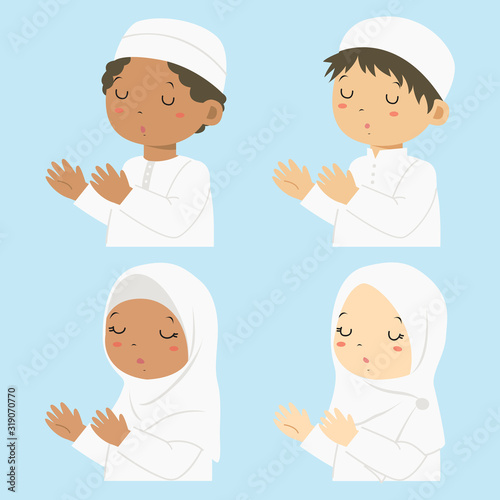 Muslim kids praying, cartoon vector set. Half body Muslim boys and girls in white dress praying.