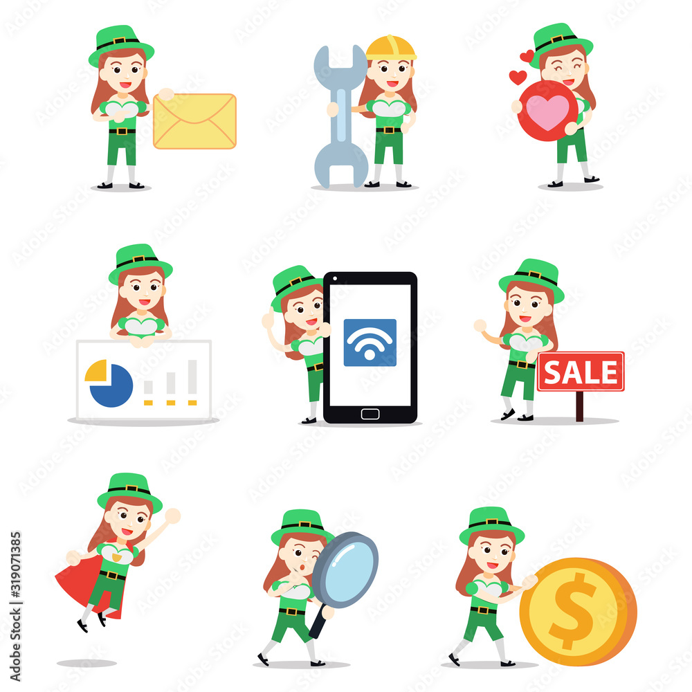 Set of character female leprechaun Irish with green color costumes.