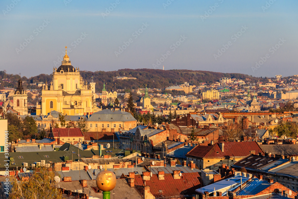 Aerial view of St. George's Cathedral and old town of Lviv in Ukraine. Lvov cityscape. View from bell tower of Church of Sts. Olha and Elizabeth