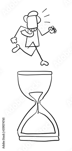 Quick hand drawn faceless businessman character running on sand watch.