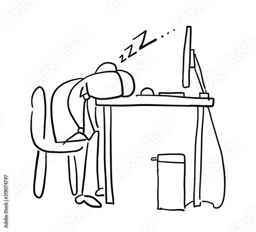 Quick hand drawn faceless businessman character tired and sleeping on computer desk.