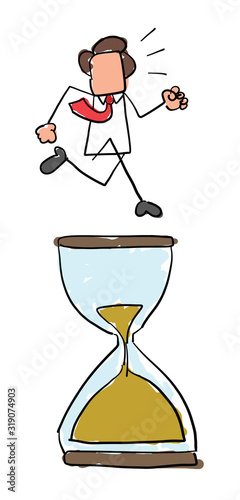 Quick hand drawn faceless businessman character running on sand watch.