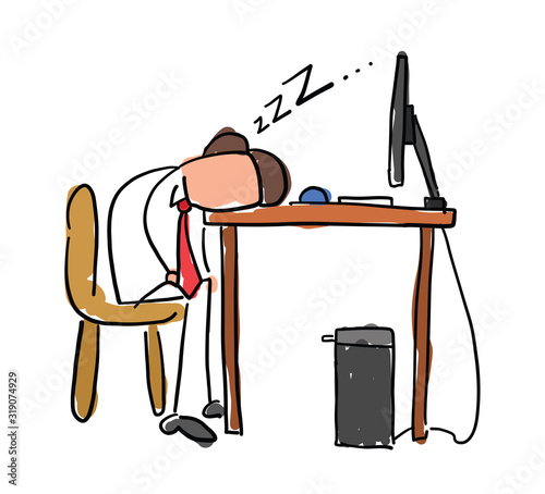 Quick hand drawn faceless businessman character tired and sleeping on computer desk.