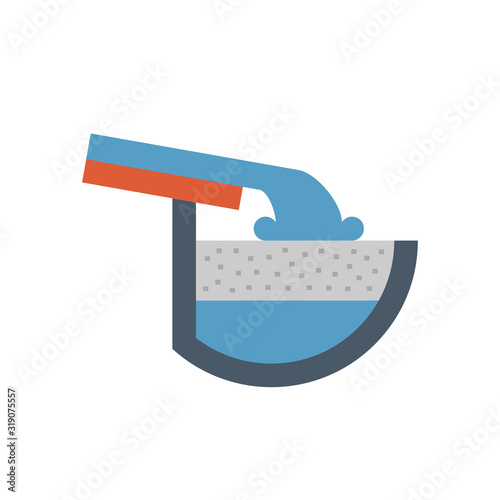 Rain gutter and rainwater pouring icon with halfline shape. Include foam gutter guard or gutterstuff or foam filter insert made from sponge for protection from damage, clogged and reduce cleaning.