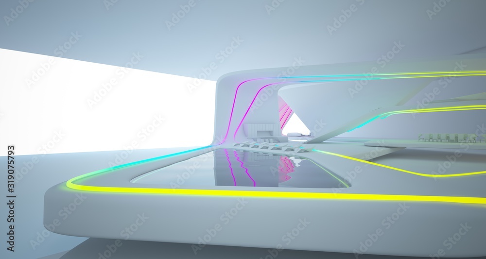 Fototapeta premium Abstract architectural white interior of a minimalist house with colored neon lighting. 3D illustration and rendering