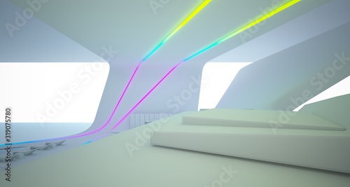 Abstract architectural white interior of a minimalist house with colored neon lighting. 3D illustration and rendering