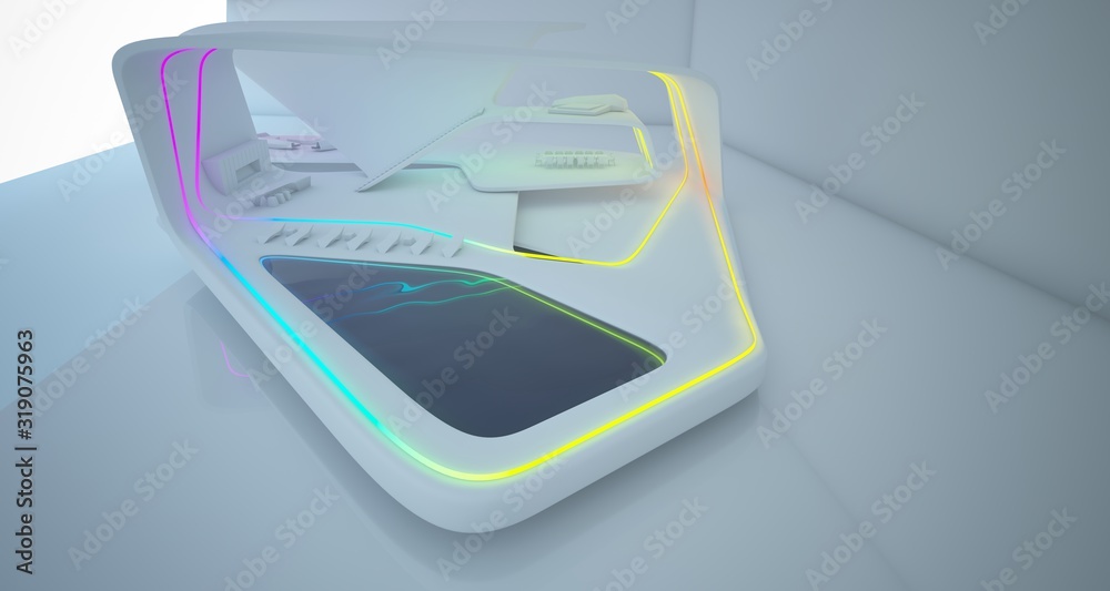 Abstract architectural white interior of a minimalist house with colored neon lighting. 3D illustration and rendering Abstract architectural white interior of a minimalist house with colored neon lighting. 3D illustration and rendering