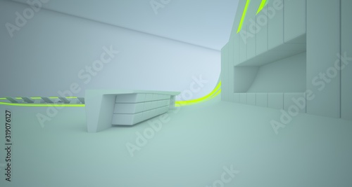 Abstract architectural white interior of a minimalist house with colored neon lighting. 3D illustration and rendering