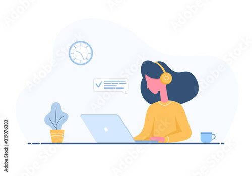 Womens freelance. Girl in headphones with laptop sitting at a table. Concept illustration for working, studying, education, work from home, healthy lifestyle. Vector illustration in flat style