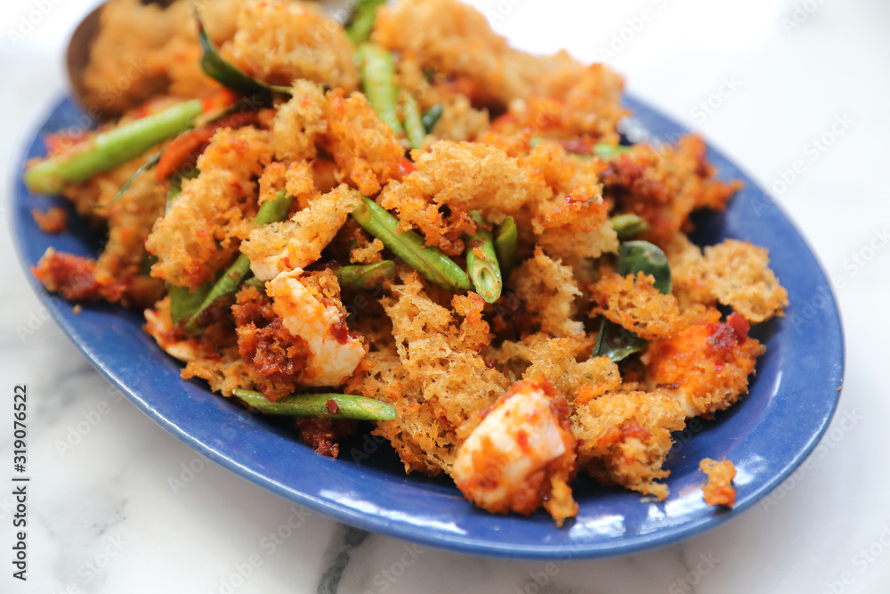 Crispy catfish stir fried thai local food Crispy catfish stir fried thai local food