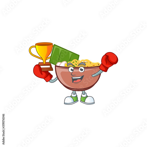 fantastic Boxing winner of bowl of noodle in mascot cartoon style