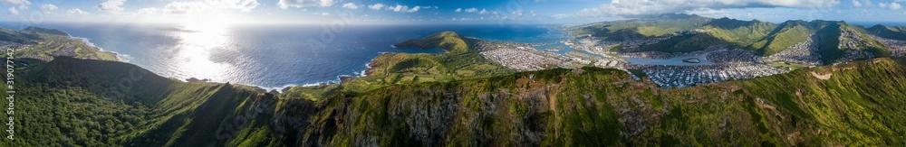 Aerial panorama of the island of Oahu as seen from the Koko Head mountain with Hanauma Bay and Honolulu city in the frame. Hawaii