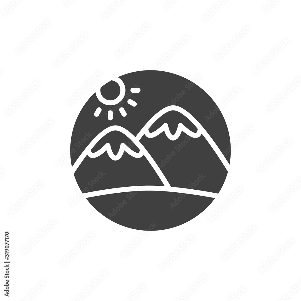 Obraz premium Snowy mountains peak and sun vector icon. filled flat sign for mobile concept and web design. Mountain landscape glyph icon. Symbol, logo illustration. Vector graphics
